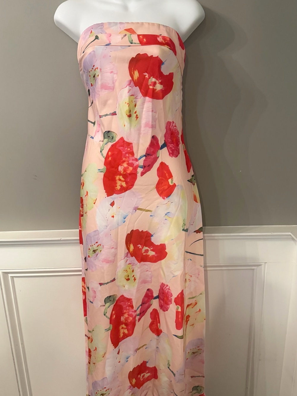 Strapless Pink Floral Maxi Dress with Red Bloom Print